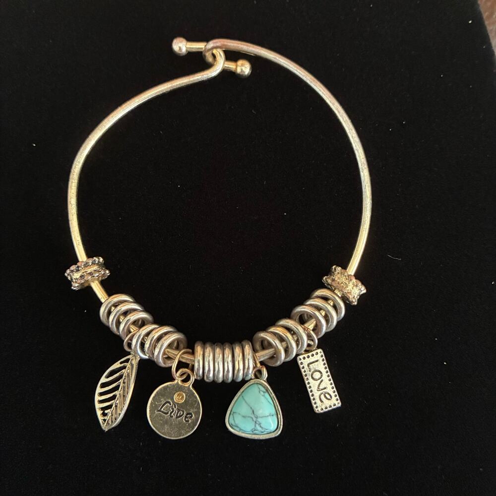 Silver Tone Adjustable Bangle Bracelet Charm Dangles Love Leaf Turquoise 7"
